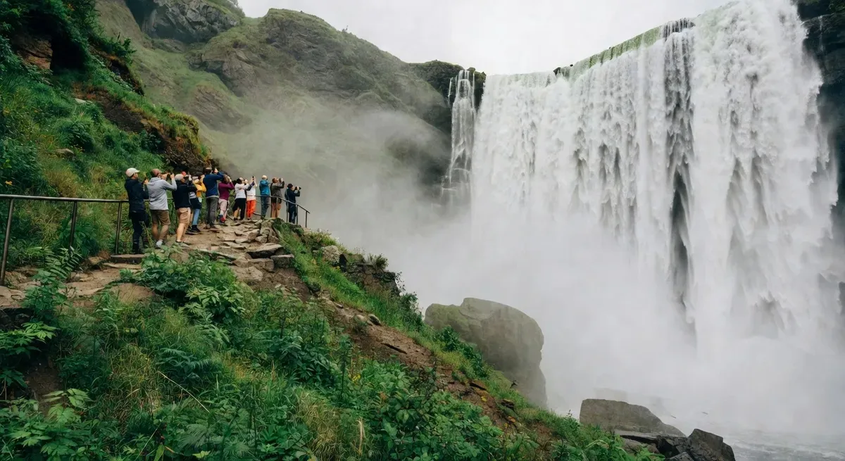 Tourists at the gorge rim viewpoint beside Niagara Falls with the massive falls and mist visible — the scenery seen on a Niagara Falls jet boat tour