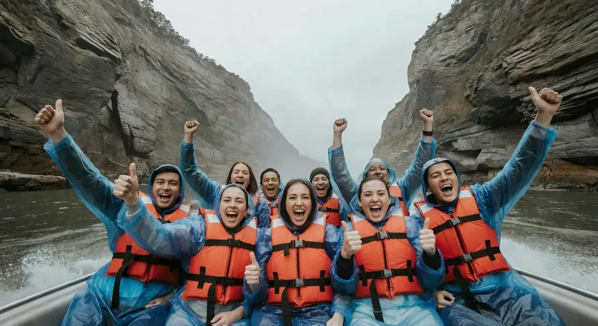 Excited riders cheering with raised arms on a jet boat in the Niagara Gorge on a Niagara Falls jet boat tour from Lewiston NY — gorge walls in the background
