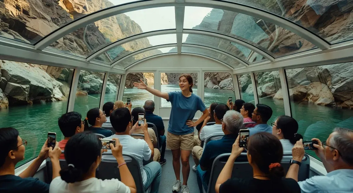Inside the Niagara Falls domed Freedom Jet boat — guide speaking to passengers under the clear dome with the Niagara Gorge visible through the glass on a dry jet boat tour