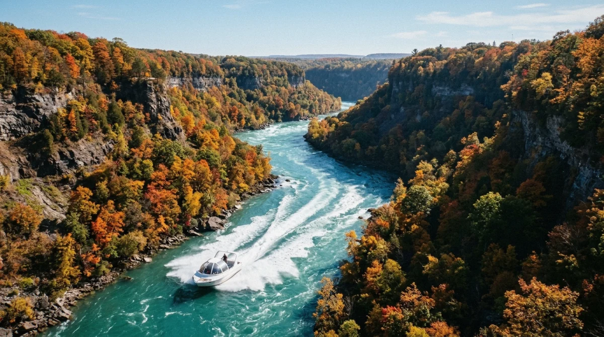 A domed Niagara Falls jet boat moving through the gorge with autumn foliage on the canyon walls in October