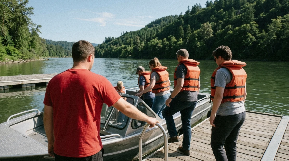 Riders in USCG-approved life vests boarding a Niagara Falls jet boat at the Lewiston dock before a safety orientation