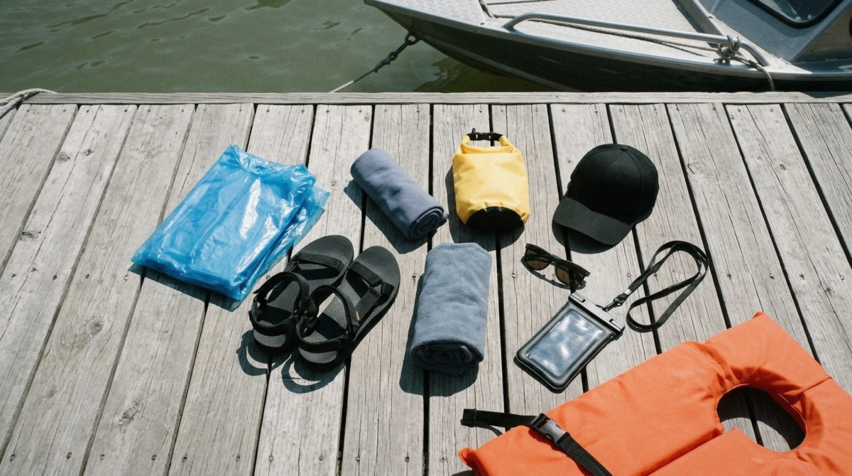 A packed dry bag, water shoes and a life vest laid out for a Niagara Falls jet boat tour