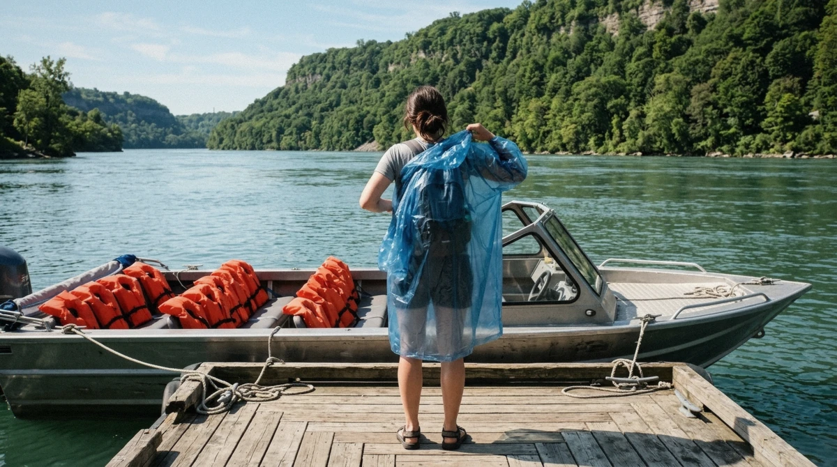 A rider adjusting a poncho and life vest at the Lewiston dock before a Niagara Falls jet boat tour