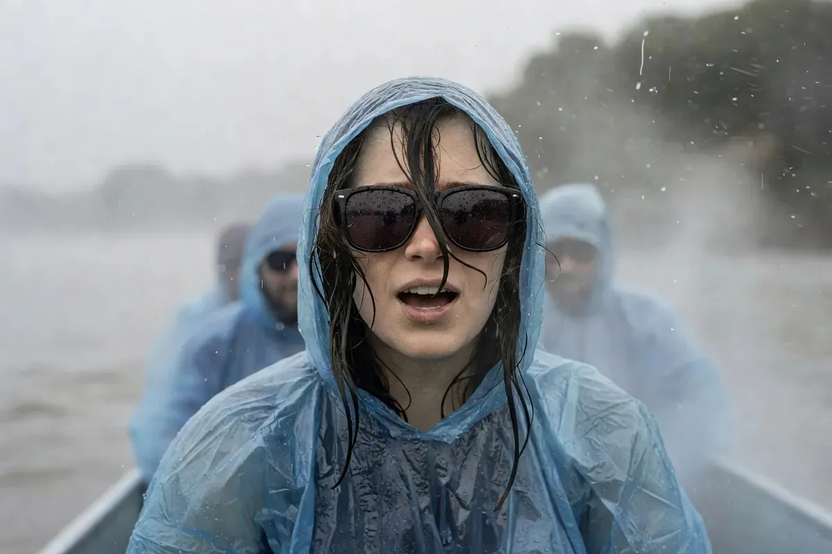 Rider completely soaked in a blue poncho on the Niagara Falls jet boat — showing exactly how wet guests get on the open-top wet jet boat tour