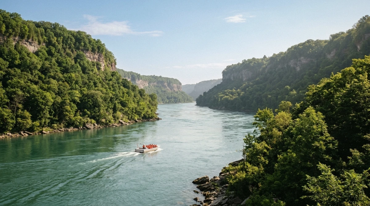 An open-top Niagara Falls jet boat cutting through calm morning water on the lower river before the rapids, on a warm summer departure