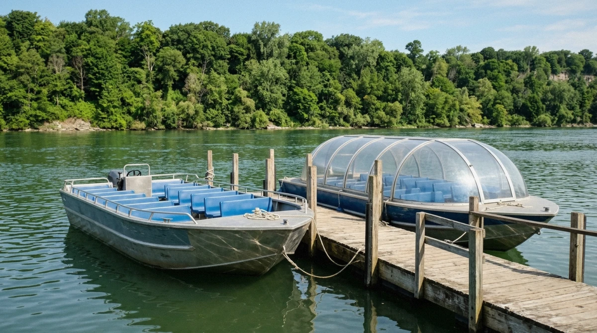 The open-top and domed Niagara Falls jet boat vessels docked side by side at Lewiston before departure, illustrating the wet vs dry choice on a Niagara Falls jet boat tour