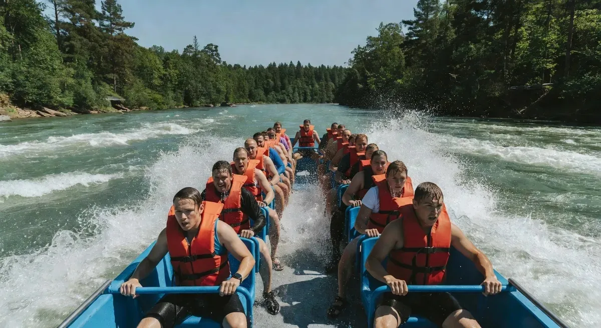 GoPro overhead view of open-top wet jet boat packed with riders in orange life jackets getting soaked by Class 5 rapids on a Niagara Falls jet boat tour