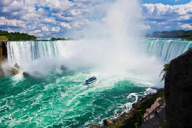 The Canadian side of Niagara Falls with Horseshoe Falls in full view from the Skylon Tower observation deck on a guided Ontario tour